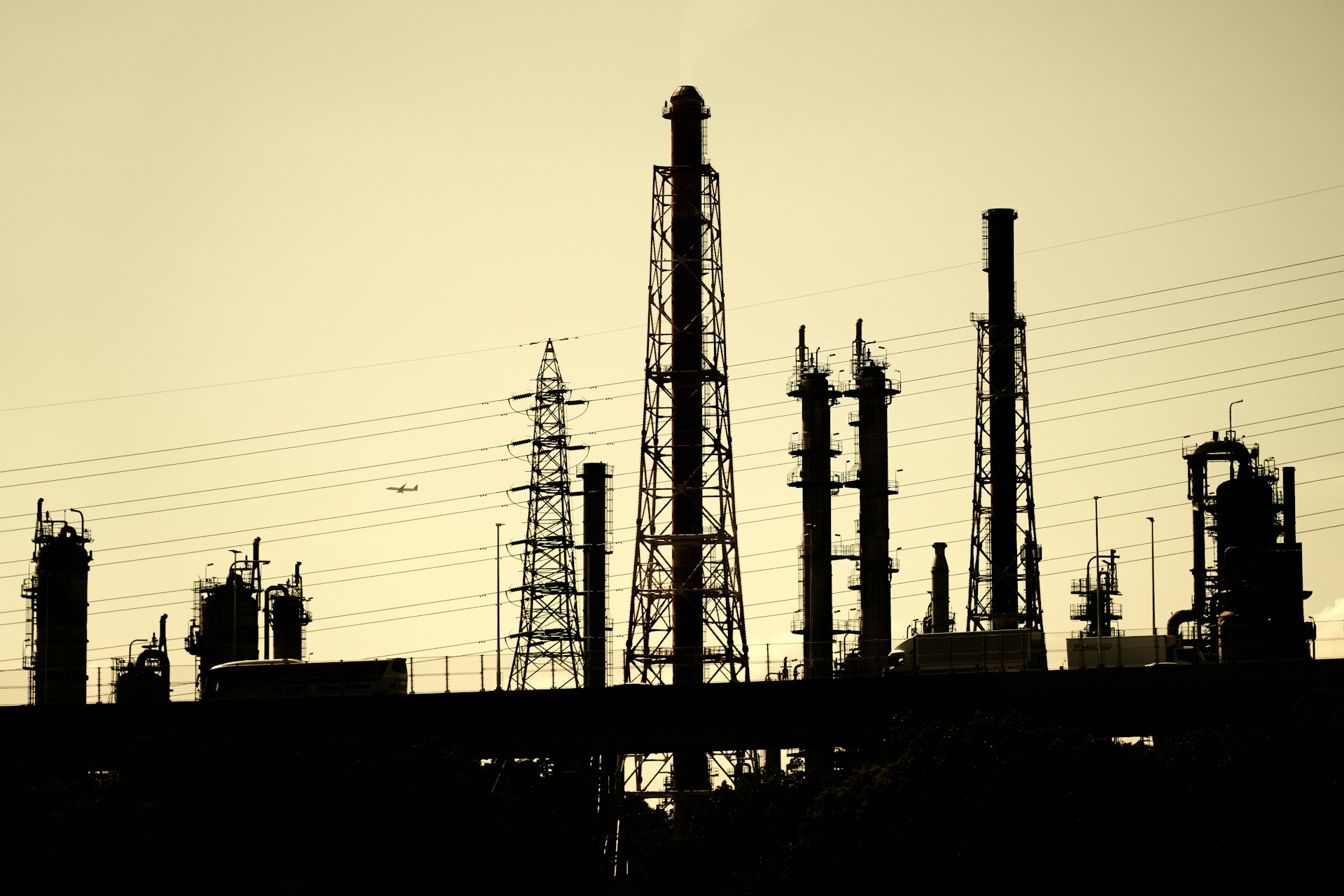 Industrial plant with process towers and pipework